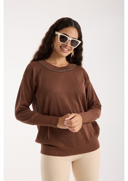 Kadın Kahve Viskon Vortex Iplik Taş Detaylı Bisiklet Yaka Simli Triko Bluz fiyatları