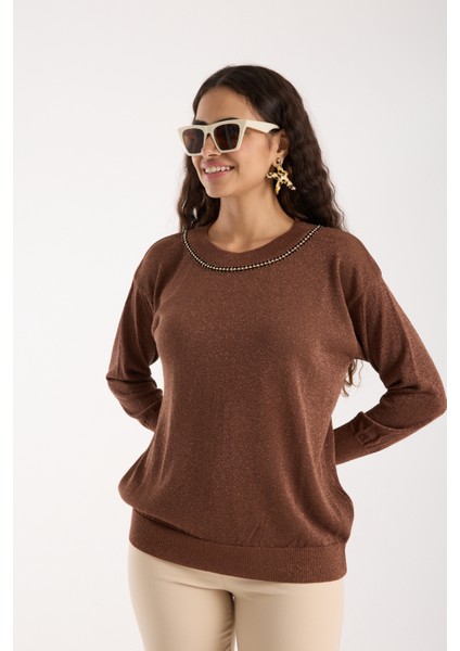 Kadın Kahve Viskon Vortex Iplik Taş Detaylı Bisiklet Yaka Simli Triko Bluz fırsatları
