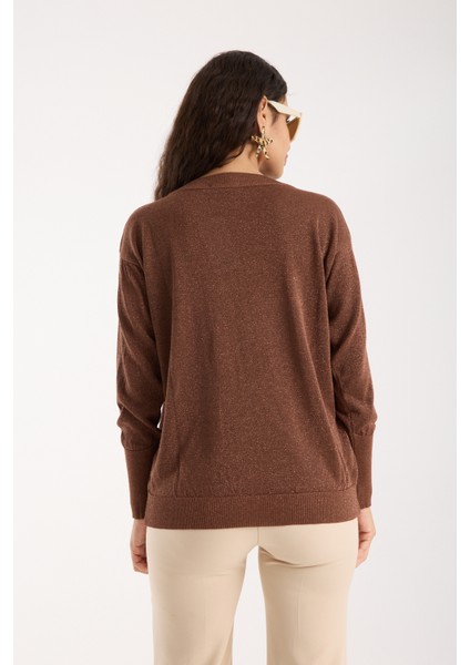 Kadın Kahve Viskon Vortex Iplik Taş Detaylı Bisiklet Yaka Simli Triko Bluz