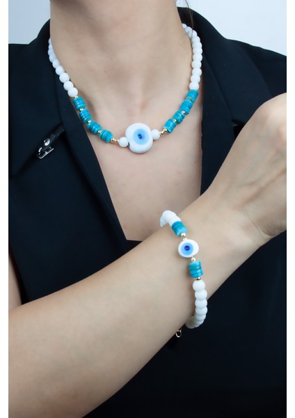 Nazar Boncuklu Oniks Doğaltaş Kolye Bileklik Set