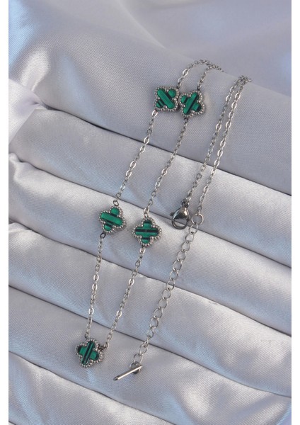 316L Çelik Gümüş Renk Minimal Yeşil Mineli Yonca Kolye - TJ-BKO8999 fiyatları