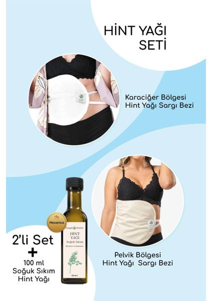 Hint Yağı Sargı Bezi 2'li Set: Karaciğer ve Pelvik Sargı Bezi, Pamuklu, Çoklu Kullanım, Sızdırmaz + 100 ml Hekzansız Hint Yağı