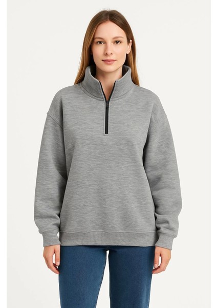 Üç Iplik Dık Yaka Yarım Fermuarlı Sweatshirt - Gri fiyatları