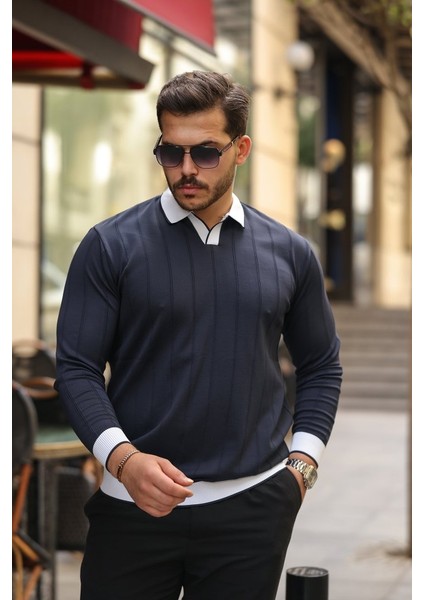 Erkek Renkli Yaka Manşet Uzun Kollu Triko