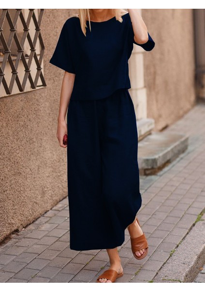 Keten Günlük Rahat Beli Lastikli Kadın İkili Takım Alt Üst modelleri