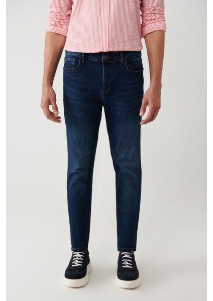 Erkek Koyu Mavi Eskitme Yıkamalı Esnek Rio Skinny Fit Jean Pantolon B003510