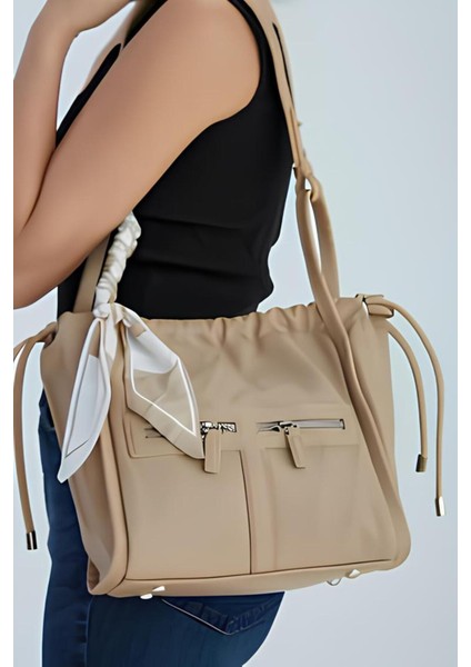 Kadın Omuz Çanta Krem Cepli Yumuşak Deri