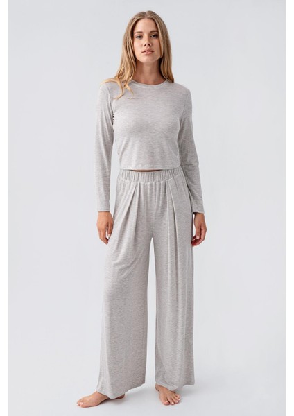 Uzun Kollu Crop Bol Paça Esnek Viskoz Pijama Takım 18210