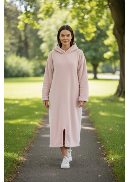 Serona Wellsoft Peluş Kapüşonlu Uzun Panço Yumuşak Dokulu Giyilebilir Tv Battaniyesi | Pudra L/xl