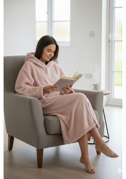 Serona Wellsoft Peluş Kapüşonlu Uzun Panço Yumuşak Dokulu Giyilebilir Tv Battaniyesi | Pudra L/xl indirimleri