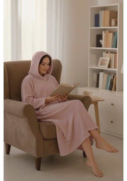 Serona Wellsoft Peluş Kapüşonlu Uzun Panço Yumuşak Dokulu Giyilebilir Tv Battaniyesi | Pudra L/xl