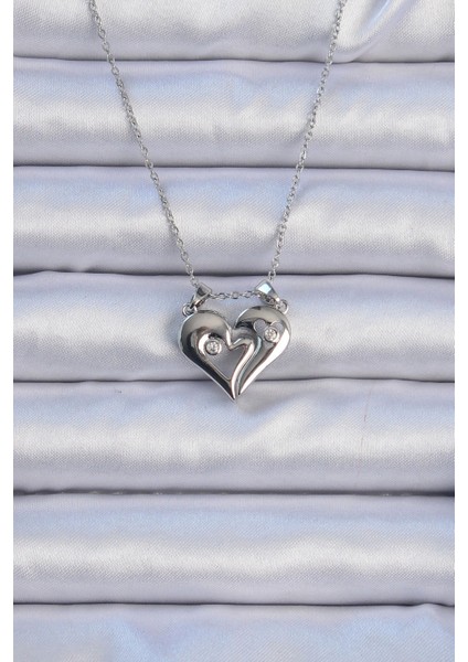 316L Çelik Zincir Gümüş Renk Zirkon Taşlı Mıknatıslı Kalp Kolye - TJ-BKO9082