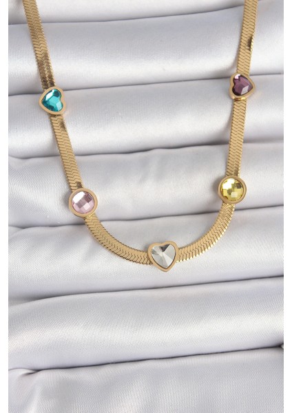 316L Çelik Gold Renk Italyan Zincir Renkli Zirkon Taşlı Kalp Figür Kadın Kolye - TJ-BKO10117