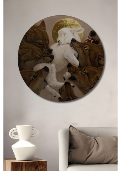 Kuzu ve Kurtlar Yağlı Boya Görünümlü Sanat Ahşap Dekoratif Tablo Yuvarlak Tablo
