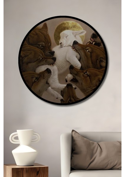 Kuzu ve Kurtlar Yağlı Boya Görünümlü Sanat Ahşap Dekoratif Tablo Yuvarlak Tablo fiyatları