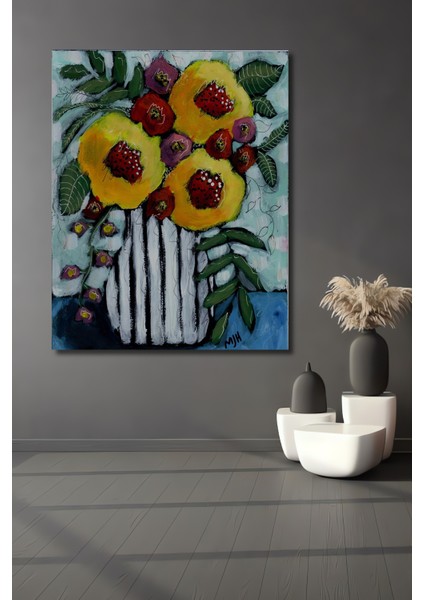 Canlı Yağlı Boya Görünümlü Çiçekler Ahşap Dekoratif Tablo Dikdörtgen Tablo