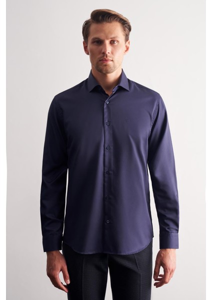 Lacivert Yarım Italyan Yaka Saten Uzun Kol Slim Fit %100 Pamuk Gömlek 1004255188