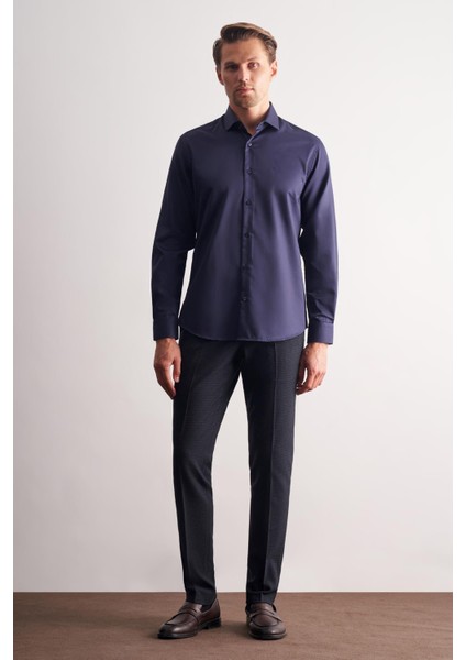Lacivert Yarım Italyan Yaka Saten Uzun Kol Slim Fit %100 Pamuk Gömlek 1004255188 fiyatları