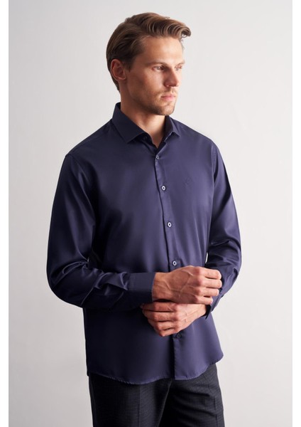 Lacivert Yarım Italyan Yaka Saten Uzun Kol Slim Fit %100 Pamuk Gömlek 1004255188 modelleri