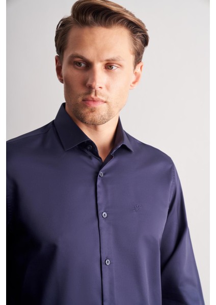 Lacivert Yarım Italyan Yaka Saten Uzun Kol Slim Fit %100 Pamuk Gömlek 1004255188 fırsatları