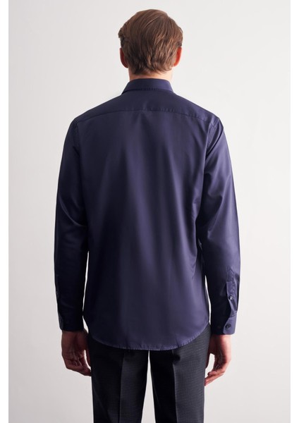 Lacivert Yarım Italyan Yaka Saten Uzun Kol Slim Fit %100 Pamuk Gömlek 1004255188 indirimleri