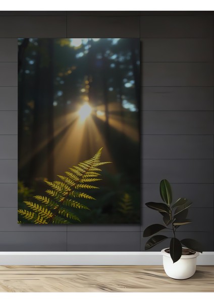 Orman Işıkları ve Eğrelti Otu Yağlı Boya Görünümlü Ahşap Dekoratif Tablo Dikdörtgen Tablo