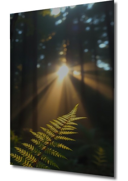 Orman Işıkları ve Eğrelti Otu Yağlı Boya Görünümlü Ahşap Dekoratif Tablo Dikdörtgen Tablo modelleri