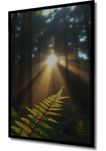 Orman Işıkları ve Eğrelti Otu Yağlı Boya Görünümlü Ahşap Dekoratif Tablo Dikdörtgen Tablo indirimleri