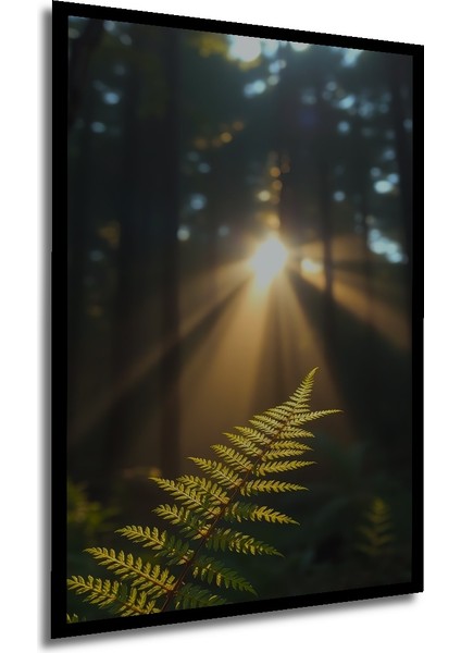 Orman Işıkları ve Eğrelti Otu Yağlı Boya Görünümlü Ahşap Dekoratif Tablo Dikdörtgen Tablo