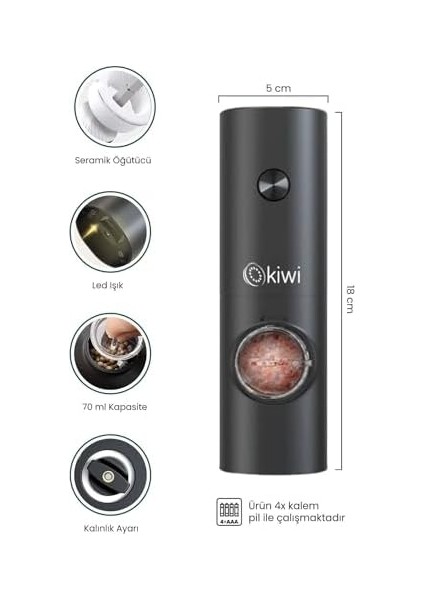 Pilli Işıklı Tuz Karabiber Değirmeni Otomatik Öğütücü KSPG-4849 modelleri