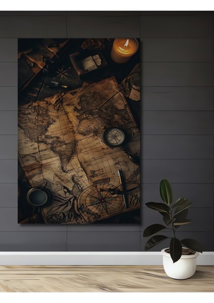 Eski Dünya Haritası Pusula Desenli Ahşap Dekoratif Tablo Dikdörtgen Tablo
