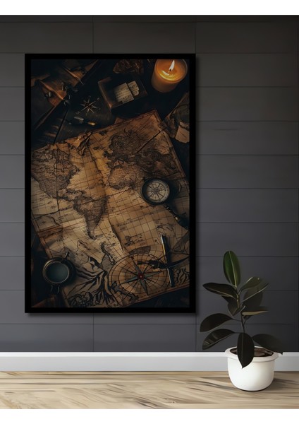 Eski Dünya Haritası Pusula Desenli Ahşap Dekoratif Tablo Dikdörtgen Tablo fiyatları