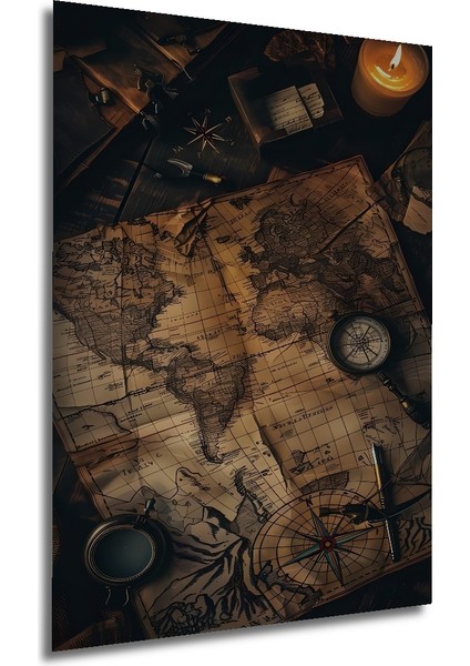 Eski Dünya Haritası Pusula Desenli Ahşap Dekoratif Tablo Dikdörtgen Tablo fırsatları
