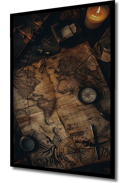 Eski Dünya Haritası Pusula Desenli Ahşap Dekoratif Tablo Dikdörtgen Tablo indirimleri