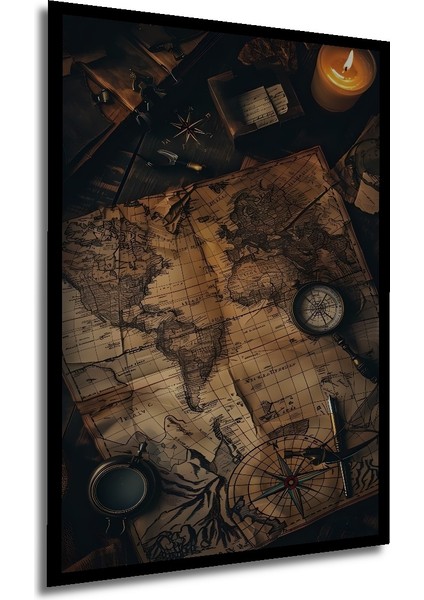 Eski Dünya Haritası Pusula Desenli Ahşap Dekoratif Tablo Dikdörtgen Tablo