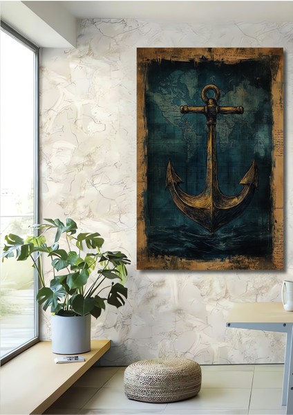 Altın Çapa Dünya Haritası Suluboya Görünümlü Dekoratif Ahşap Tablo Dikdörtgen Tablo