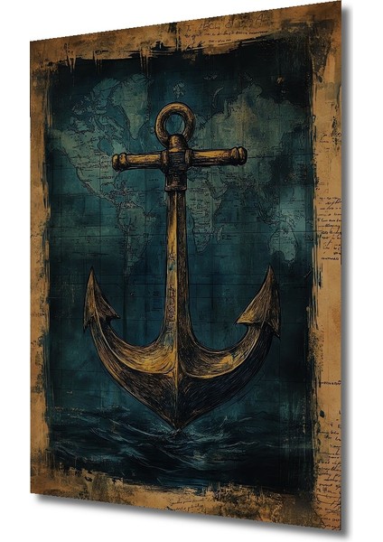 Altın Çapa Dünya Haritası Suluboya Görünümlü Dekoratif Ahşap Tablo Dikdörtgen Tablo modelleri