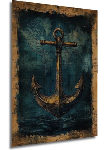 Altın Çapa Dünya Haritası Suluboya Görünümlü Dekoratif Ahşap Tablo Dikdörtgen Tablo fırsatları