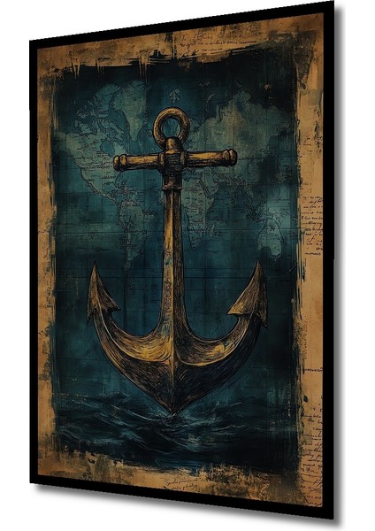 Altın Çapa Dünya Haritası Suluboya Görünümlü Dekoratif Ahşap Tablo Dikdörtgen Tablo indirimleri