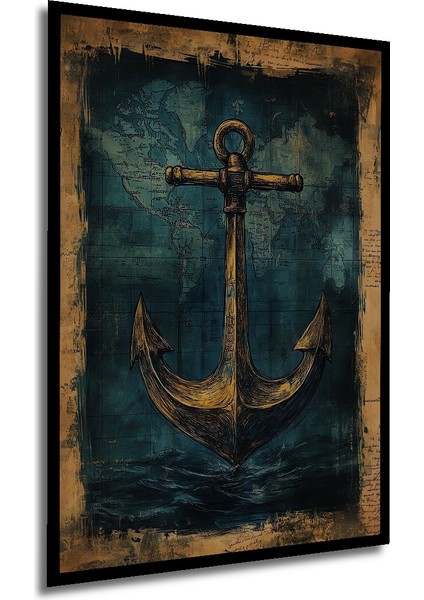 Altın Çapa Dünya Haritası Suluboya Görünümlü Dekoratif Ahşap Tablo Dikdörtgen Tablo