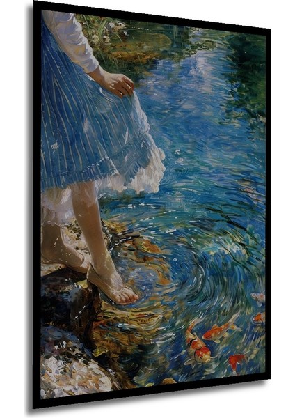 Balıklı Gölde Şık Sulu Boya Görünümlü Dekoratif Ahşap Tablo Dikdörtgen Tablo