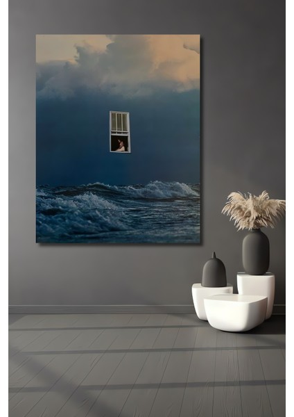 Deniz Kenarında Pencereden Bakan Kadın Yağlı Boya Görünümlü Ahşap Dekoratif Tablo Dikdörtgen Tablo