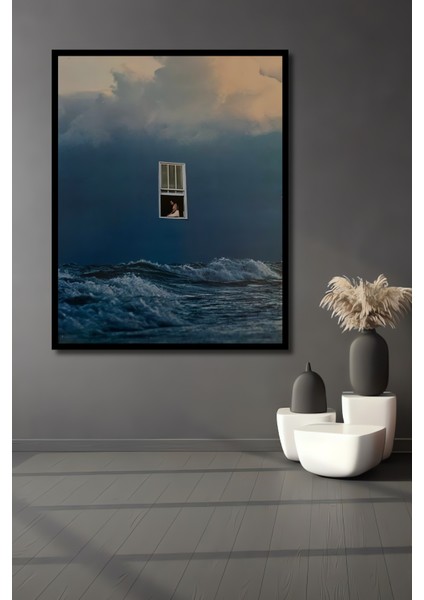 Deniz Kenarında Pencereden Bakan Kadın Yağlı Boya Görünümlü Ahşap Dekoratif Tablo Dikdörtgen Tablo fiyatları