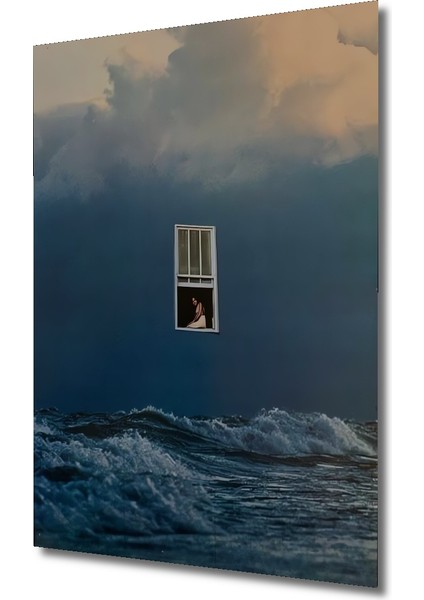 Deniz Kenarında Pencereden Bakan Kadın Yağlı Boya Görünümlü Ahşap Dekoratif Tablo Dikdörtgen Tablo modelleri