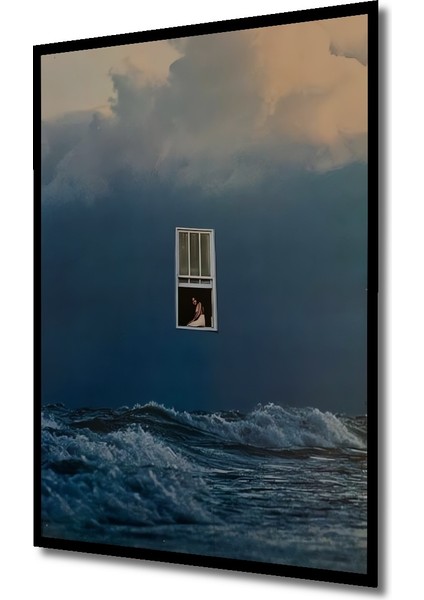 Deniz Kenarında Pencereden Bakan Kadın Yağlı Boya Görünümlü Ahşap Dekoratif Tablo Dikdörtgen Tablo indirimleri