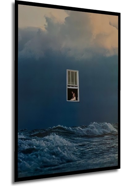 Deniz Kenarında Pencereden Bakan Kadın Yağlı Boya Görünümlü Ahşap Dekoratif Tablo Dikdörtgen Tablo