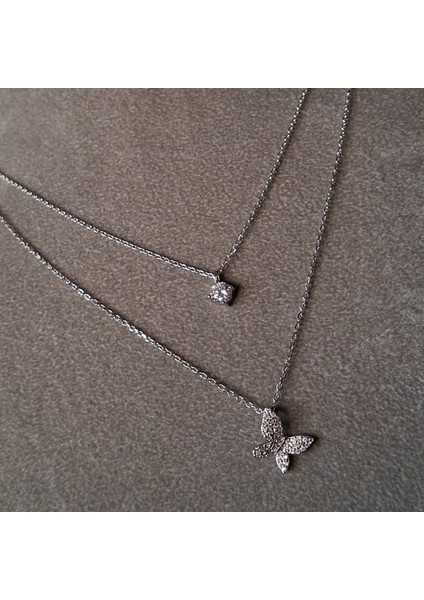 925 Ayar Gümüş Çift Zincirli Kelebeğim Model Genç/yetişkin Kadın Kolyesi