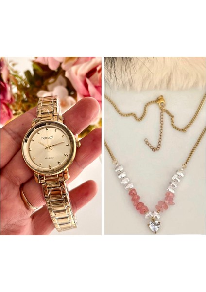 Gold Renk Çelik Kristal Kadranlı Kadın Kol Saati+Iincili %100 Çelik Kolye Hediye Set