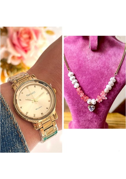 Gold Renk Çelik Kristal Kadranlı Kadın Kol Saati+Iincili %100 Çelik Kolye Hediye Set fiyatları