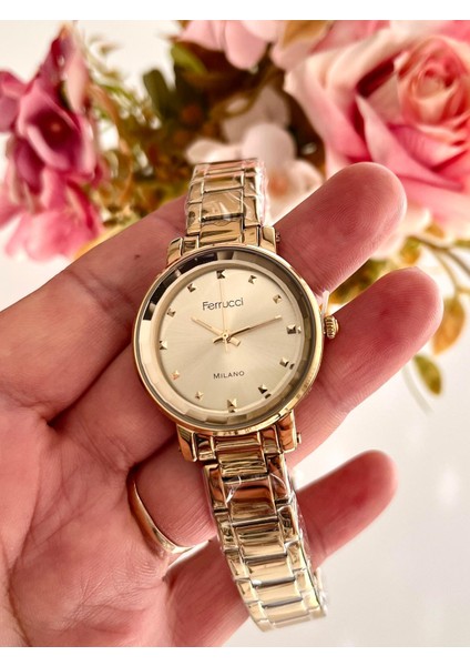 Gold Renk Çelik Kristal Kadranlı Kadın Kol Saati+Iincili %100 Çelik Kolye Hediye Set modelleri